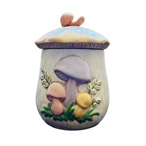 Mushrooms Canister Cookie Jar w. Lid Ceramic Arnels 3D Woodland Foliage VTG 1972